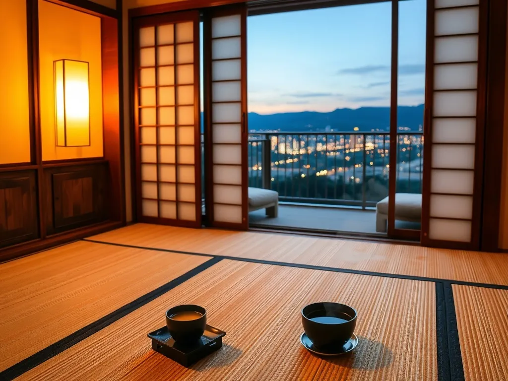 Przytulny pokój ryokanu w Oita z tatami, niskim stołem i herbatą, z widokiem na spokojne miasto i zielone wzgórza o zmierzchu.