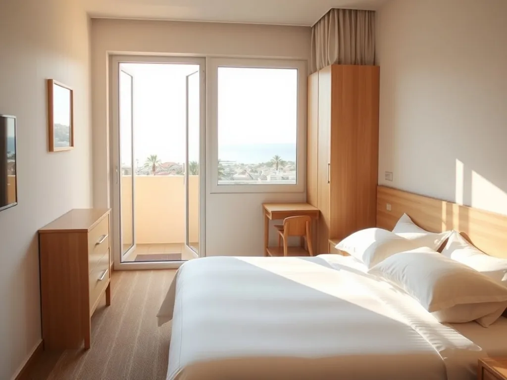 Przytulny, nowoczesny pokój hotelowy w Izmirze z balkonem, widokiem na miasto, palmami i skrawkiem morza w słońcu.