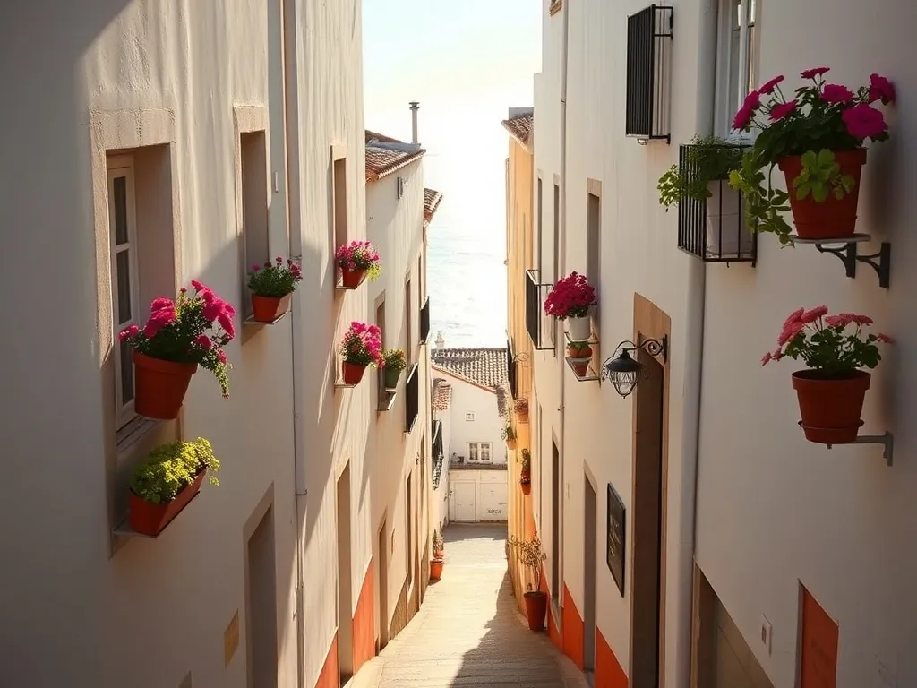Słoneczna uliczka w Kadyksie z białymi kamienicami, kolorowymi kwiatami i wejściem do przytulnego pensjonatu blisko morza