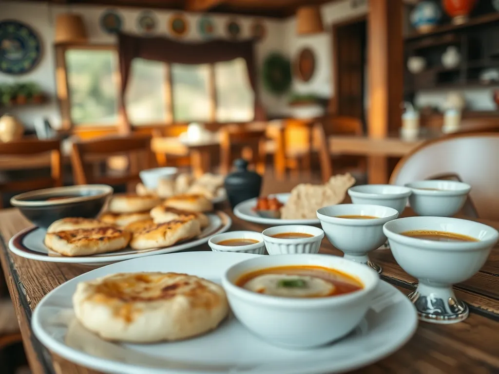 Tradycyjny stół w Eskişehir z çiğ börek, zupą, meze, świeżym chlebem i herbatą, w przytulnej, lokalnej restauracji.
