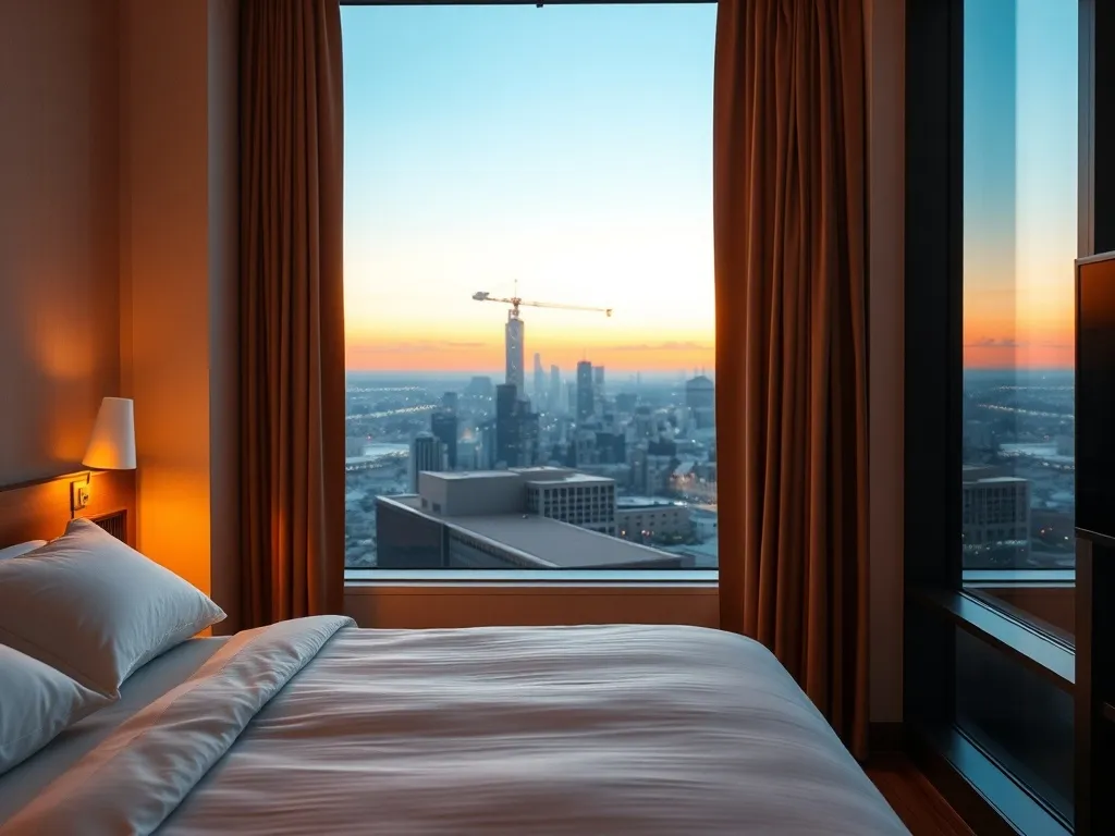 Przytulny, nowoczesny pokój hotelowy z widokiem na spokojną, oświetloną panoramę miasta o zmierzchu.