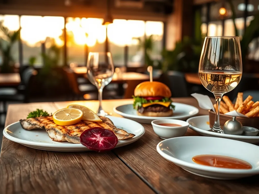Rustykalny stół z lokalnymi daniami Perth: grillowana ryba, burger z burakiem, frytki i białe wino w przytulnej restauracji.