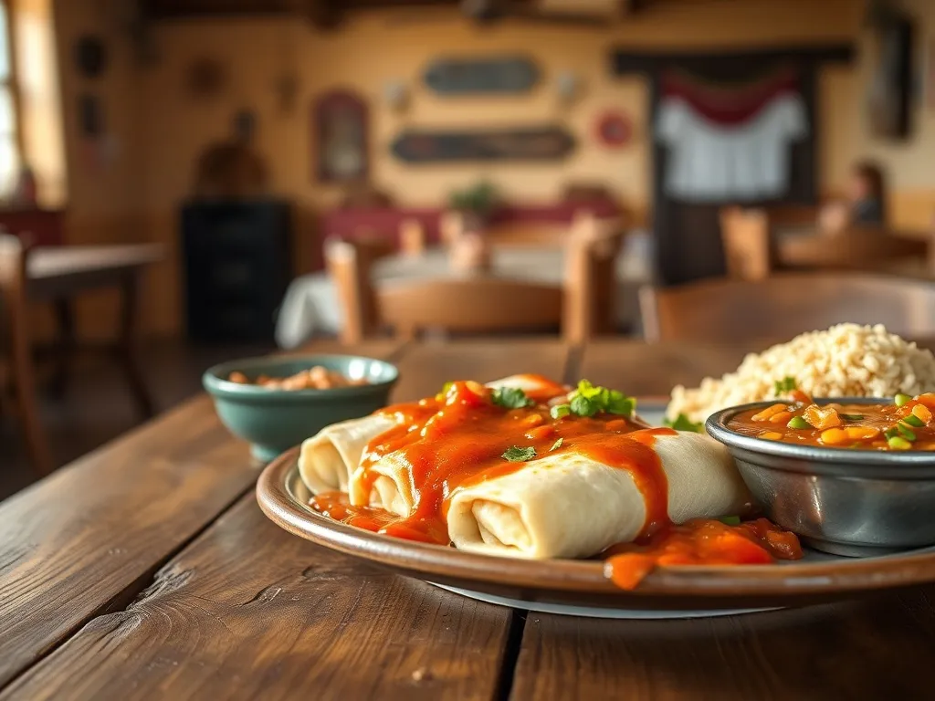 Tradycyjne dania kuchni Santa Fe: enchiladas z czerwonym i zielonym chile, fasola, ryż i salsa na rustykalnym stole.