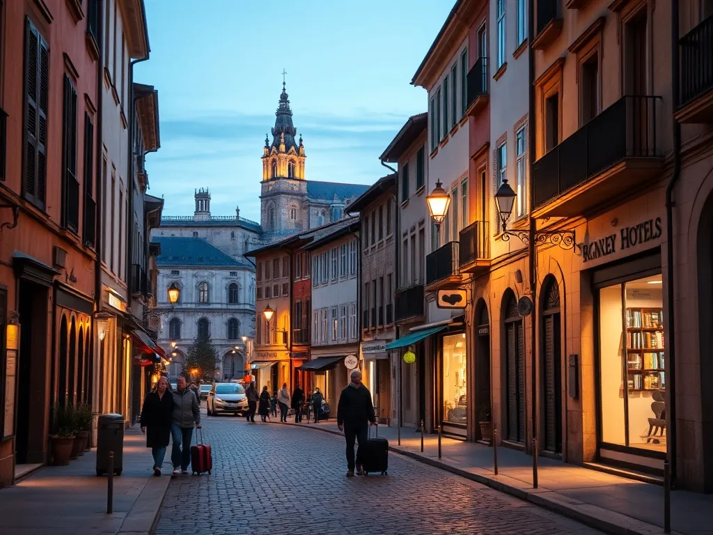 Nastrojowa uliczka w Burgos o zmroku, z małymi hotelami i pensjonatami, idealnie pokazująca klimat noclegu w mieście.
