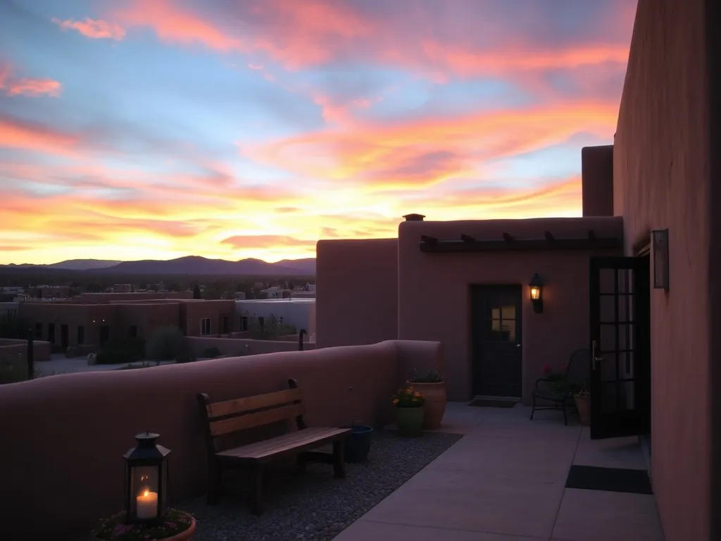 Przytulny hotel w stylu adobe w Santa Fe o zachodzie słońca, z dziedzińcem, kwiatami i nastrojowymi latarniami