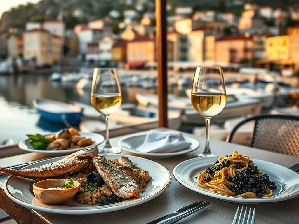 Stolik w Rovinj zastawiony lokalnymi daniami z owoców morza i truflami, w tle kolorowe kamienice i port w złotej godzinie