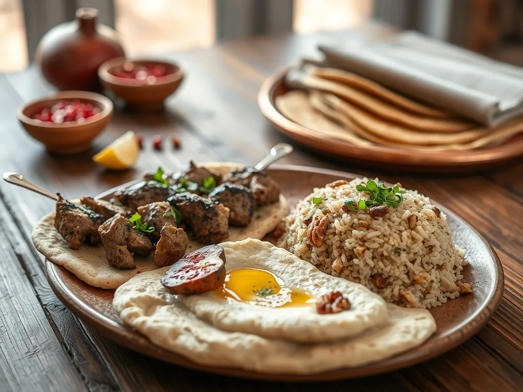 Talerz specjałów z Sanliurfy: kebab jagnięcy, hummus, pilaw z bulguru i przyprawy, ukazane w ciepłej, rustykalnej aranżacji.