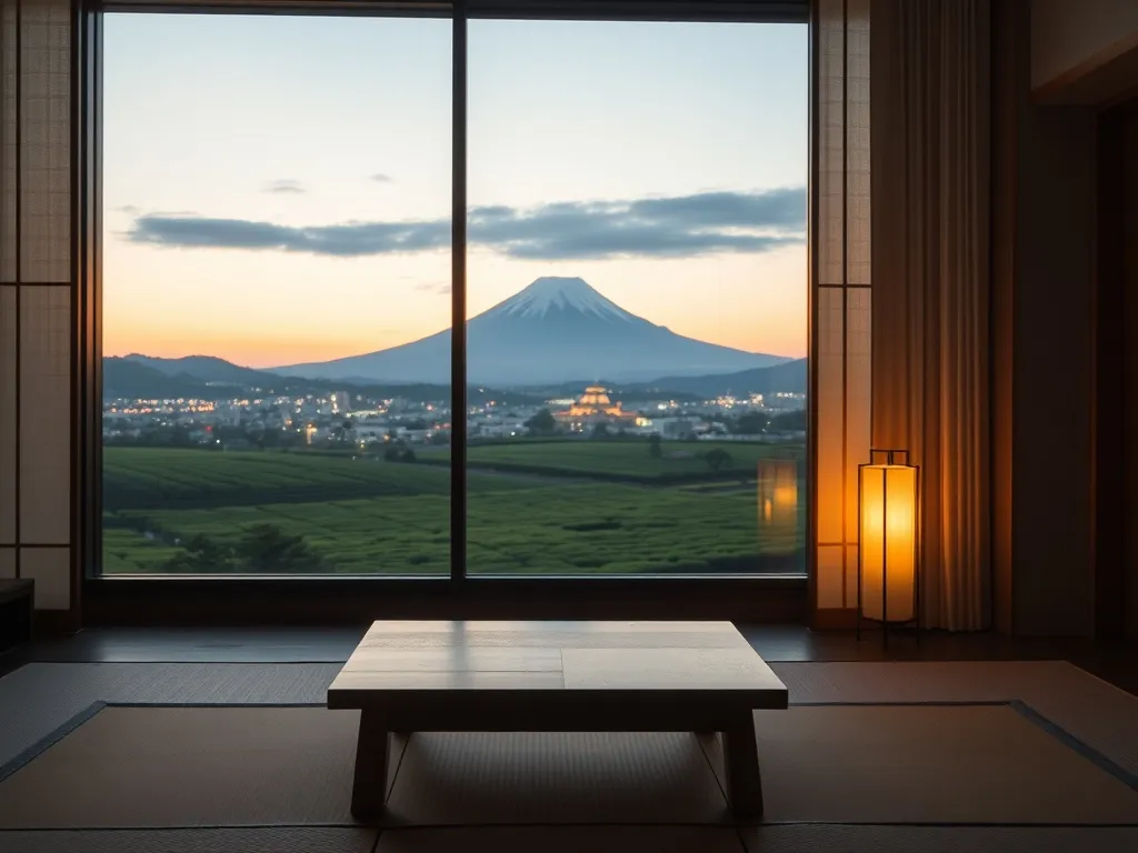 Przytulny pokój w Shizuoka z widokiem na Fuji i pola herbaciane, ukazujący spokojne miejsce na nocleg w Japonii