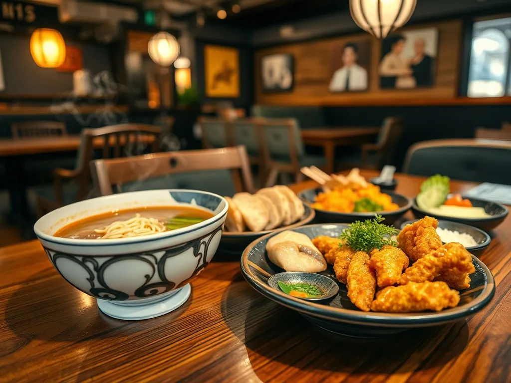 Tradycyjny zestaw potraw z Kumamoto: ramen, karaage, sashimi i przystawki na drewnianym stole w przytulnym izakaya.