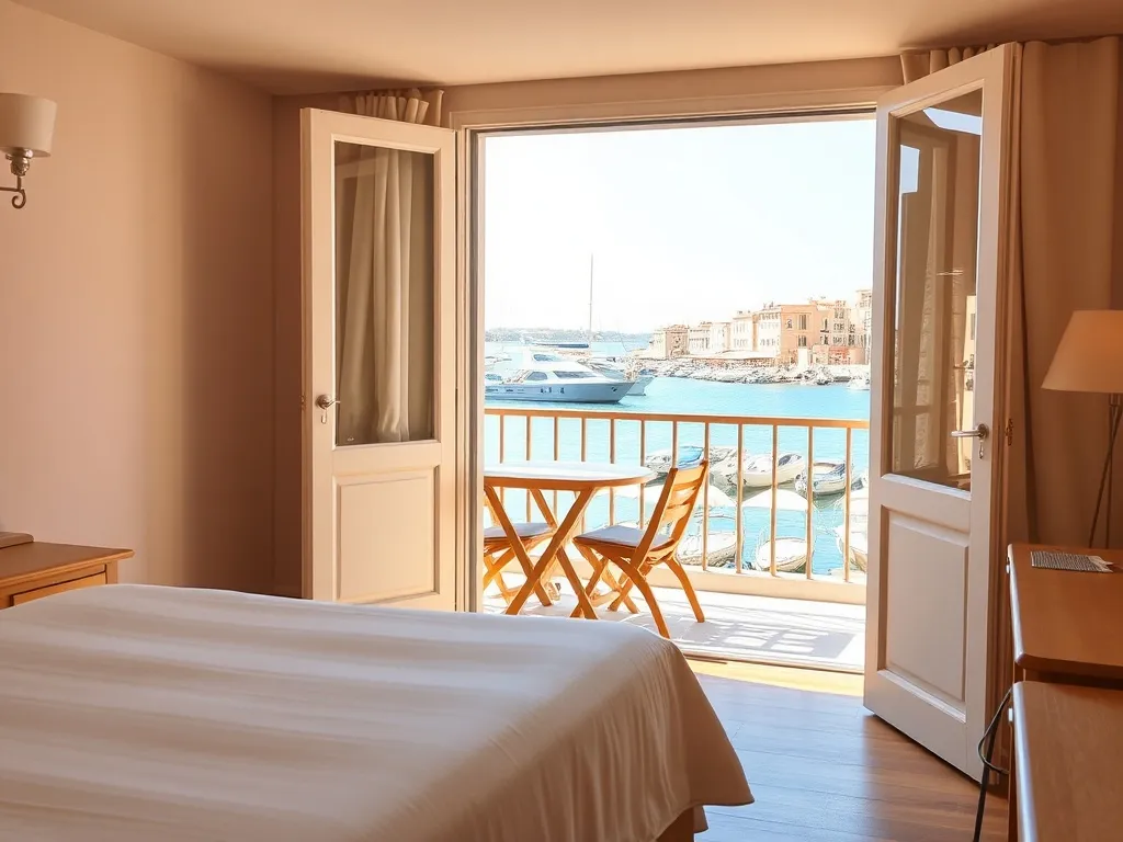 Przytulny pokój hotelowy z balkonem i widokiem na słoneczny port w Heraklionie, idealny na wakacyjny nocleg.