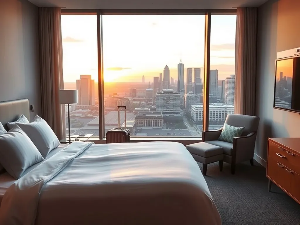 Nowoczesny, jasny pokój hotelowy z widokiem na panoramę Dallas o zachodzie słońca, idealny na komfortowy nocleg.