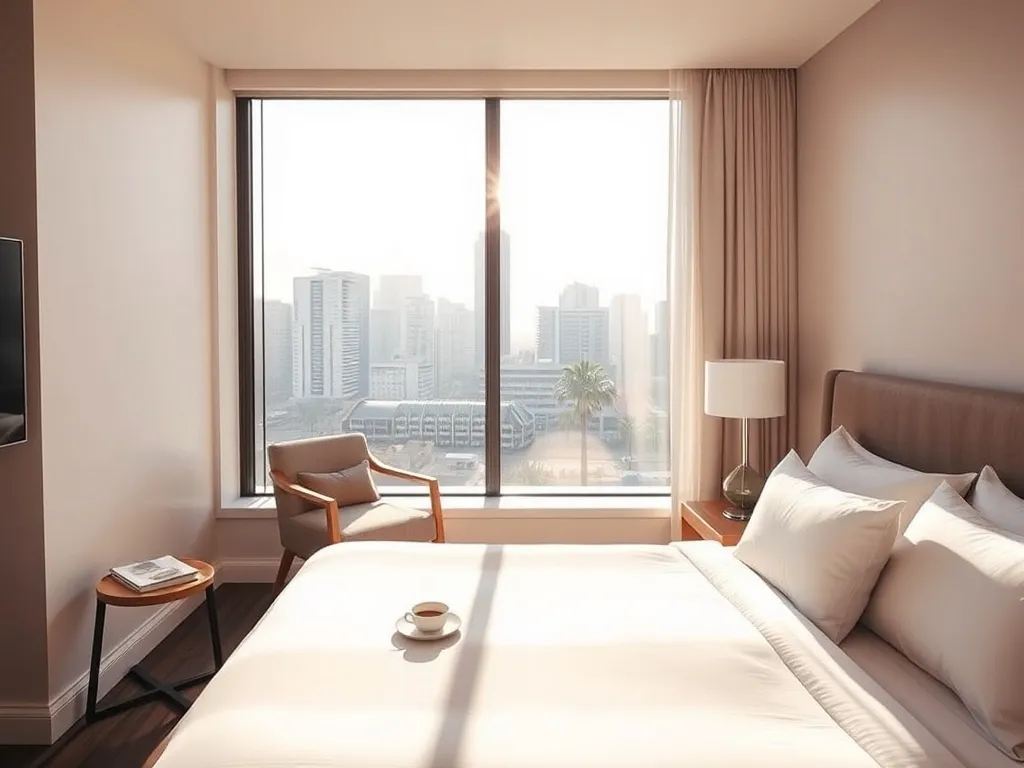 Jasny, nowoczesny pokój hotelowy w Brisbane z wygodnym łóżkiem i widokiem na słoneczne miasto z palmami za oknem.