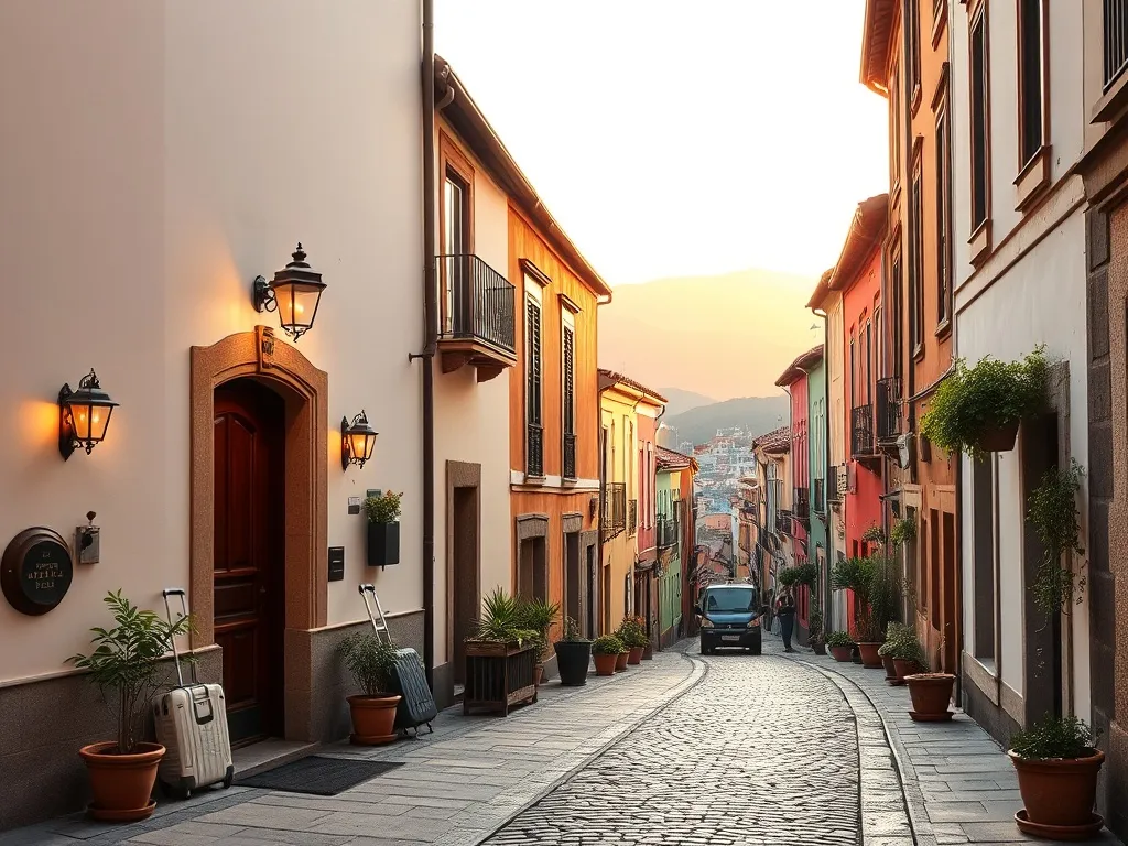 Przytulna uliczka w Oviedo o złotej godzinie z wejściem do małego hotelu, walizką przy drzwiach i kolorowymi kamienicami w tle.