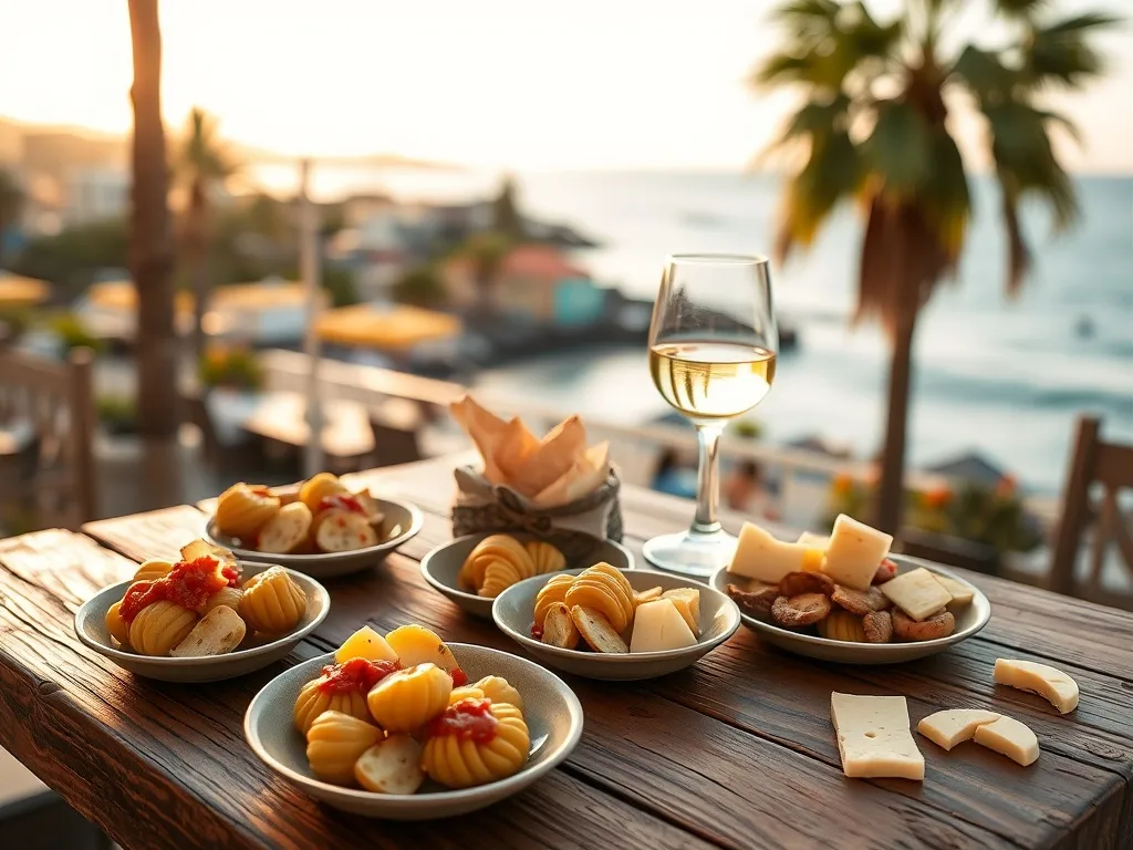 Kanaryjskie tapas na drewnianym stole: papas arrugadas z sosem mojo, ośmiornica, ser i wino na tle słonecznego wybrzeża.