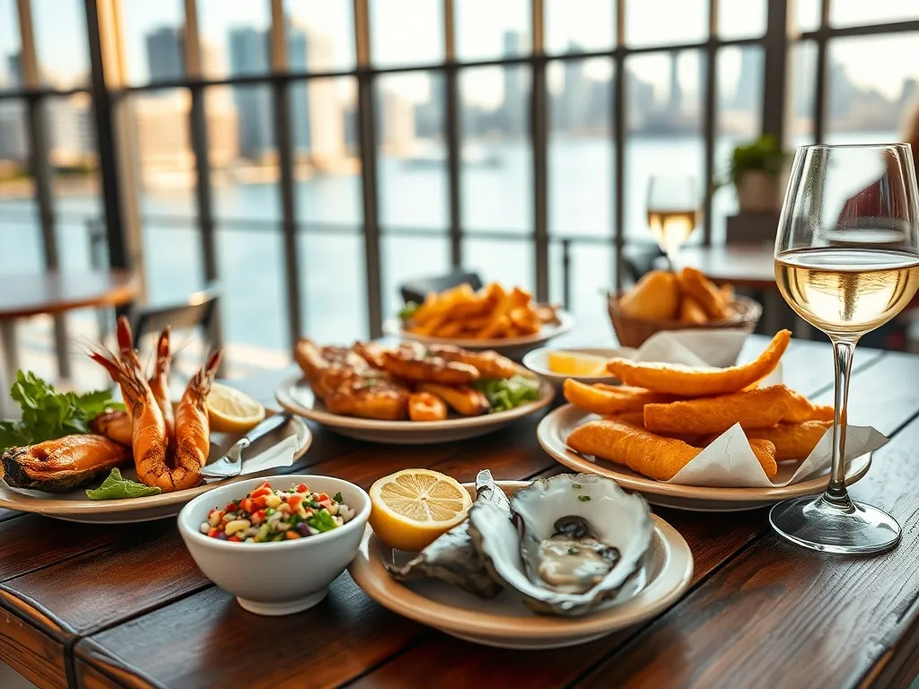 Talerze świeżych owoców morza i fish and chips w restauracji nadmorskiej w Sydney, obok kieliszka białego wina.