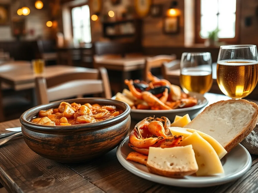 Tradycyjny asturyjski stół: fabada, grillowane owoce morza, lokalne sery, pieczywo i cydr w przytulnej tawernie.
