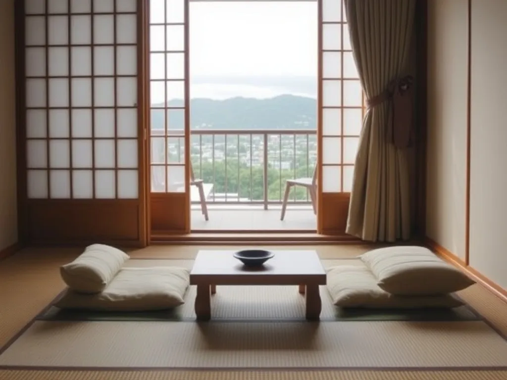 Przytulny pokój w stylu japońskim w Kumamoto z tatami, stolikiem do herbaty i widokiem na spokojne miasto oraz zielone wzgórza.