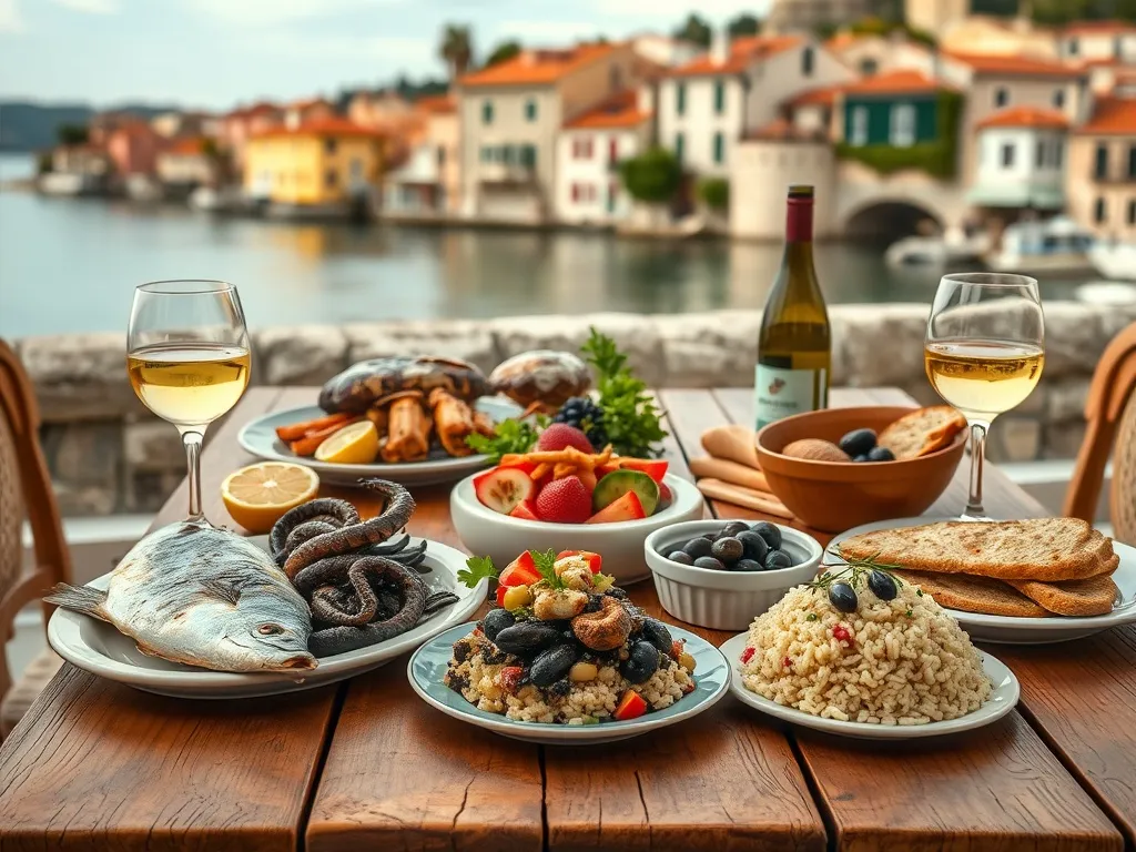 Tradycyjne dalmatyńskie dania na drewnianym stole z widokiem na nadmorski, kamienny Dubrownik w ciepłym świetle dnia.