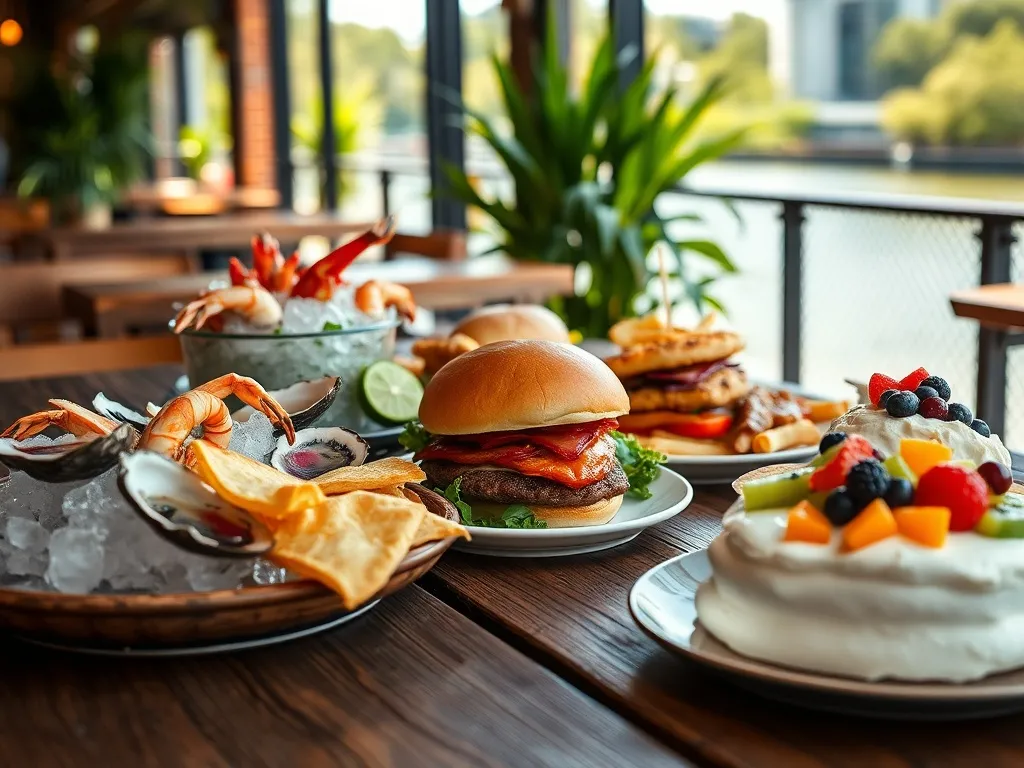 Australijskie dania w nadbrzeżnej kawiarni w Brisbane: owoce morza, burger z burakiem, fish and chips oraz pavlova.