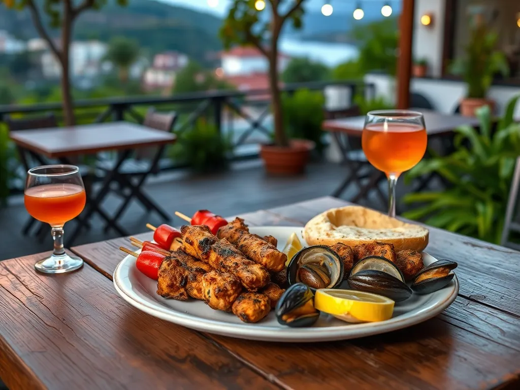 Tradycyjny madeirski stół w Funchal: espetada, bolo do caco, lapas i poncha na klimatycznym tarasie z widokiem na miasto.