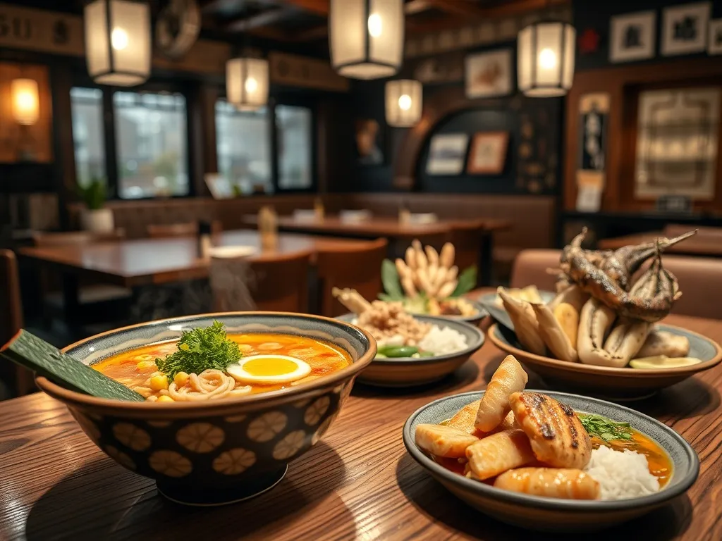 Stół w izakayi w Hakodate zastawiony ramenem z kukurydzą, donburi z łososiem i ikrą oraz grillowaną kałamarnicą.