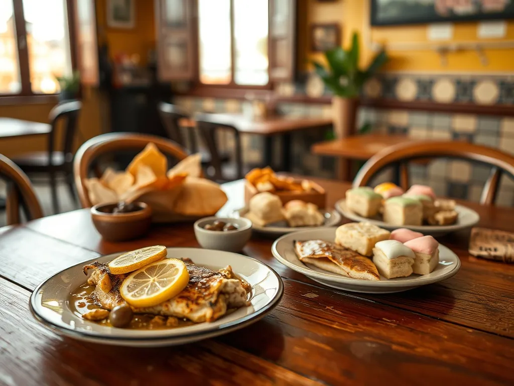 Tradycyjny stół w restauracji w Sintrze: grillowana ryba, oliwki, lokalne sery, pieczywo i kolorowe portugalskie desery