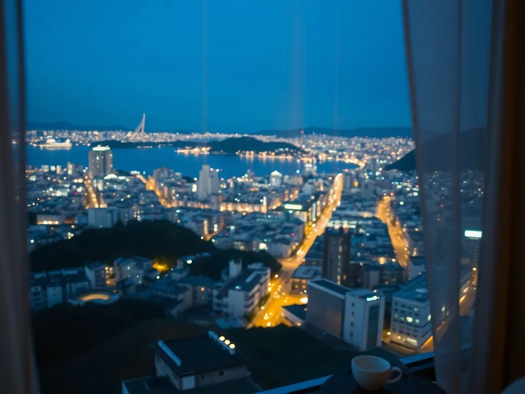 Widok na nocne Nagasaki z okna przytulnego pokoju hotelowego, z migoczącymi światłami miasta, wzgórz i zatoki.