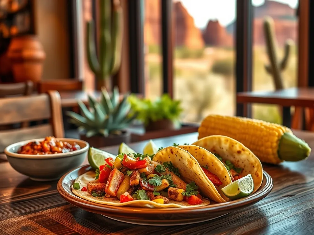 Kolorowe dania kuchni południowo-zachodniej: tacos z warzywami, salsa, guacamole i kukurydza na tle skał Sedony.