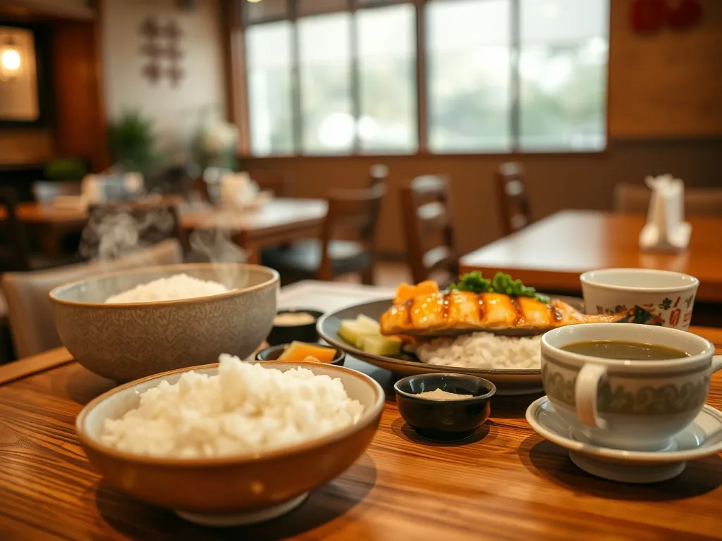 Tradycyjny posiłek w Himeji: ryż, grillowana ryba, kiszonki i zielona herbata w przytulnym, drewnianym wnętrzu restauracji.