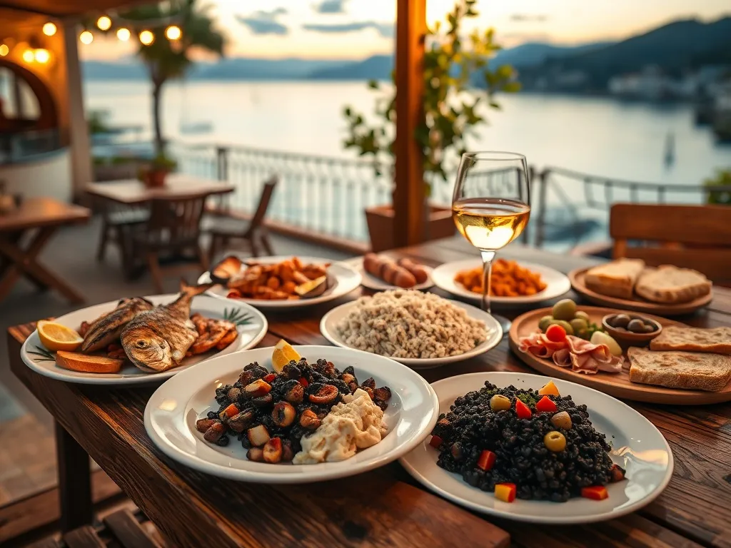 Tradycyjny dalmatyński stół w makarskiej tawernie: grillowana ryba, owoce morza, pršut, sery i wino z widokiem na Adriatyk.