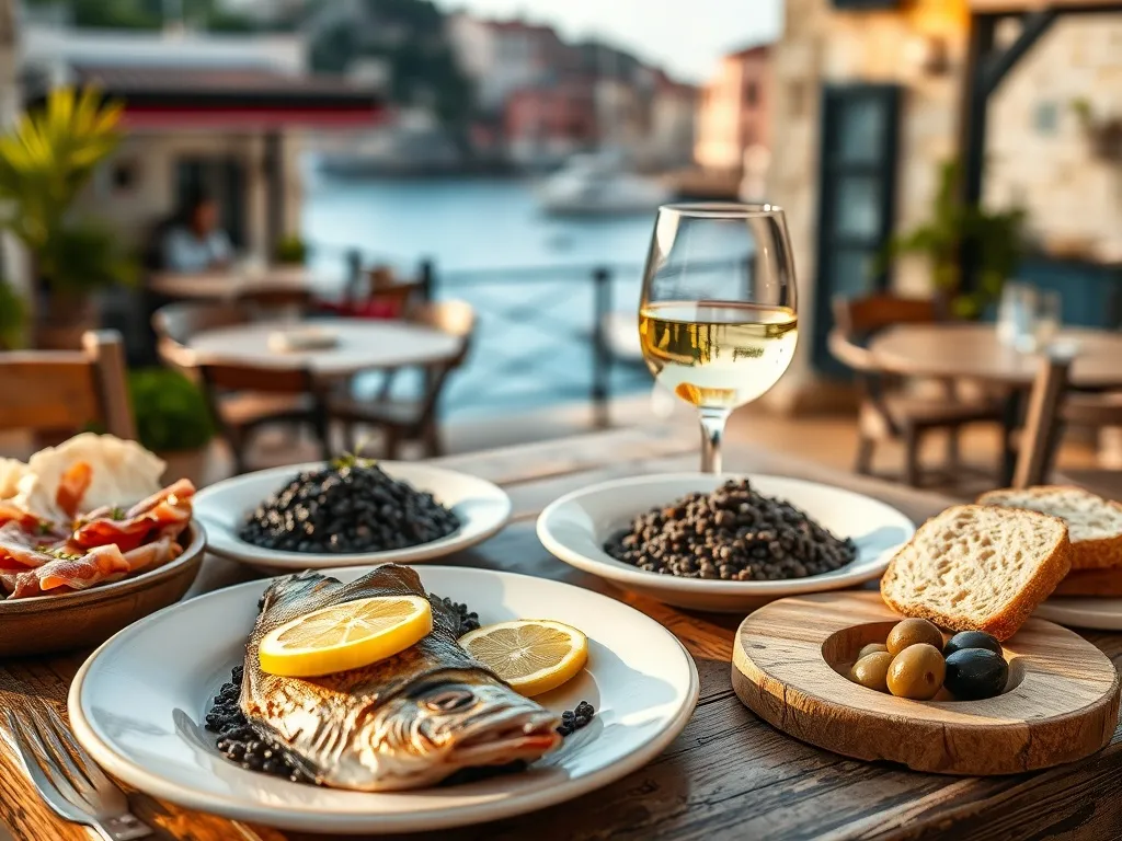 Dalmatyńskie specjały w Splicie: grillowana ryba, czarne risotto, pršut, oliwki, chleb i białe wino na rustykalnym stole