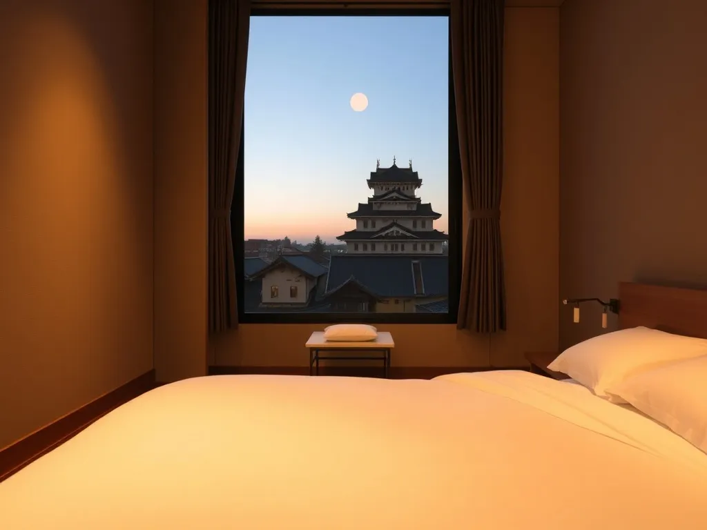 Przytulny, minimalistyczny pokój hotelowy z widokiem na zamek Himeji w wieczornym świetle, idealny nocleg w Japonii.
