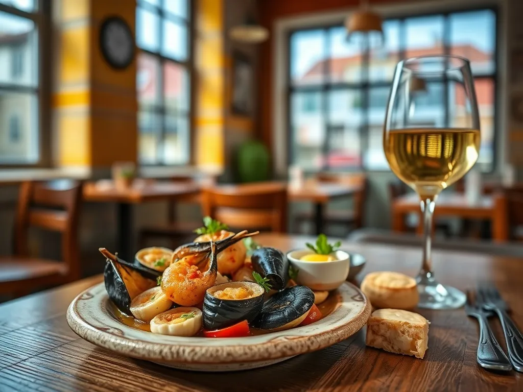 Tradycyjne portugalskie tapas z owocami morza i pastel de nata w przytulnej restauracji w Aveiro, z kieliszkiem białego wina.