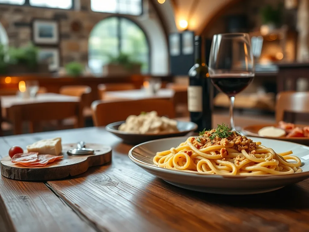 Tradycyjne dania Vicenzy na rustykalnym stole: bigoli, baccalà alla vicentina, lokalne sery, salami i kieliszek czerwonego wina.