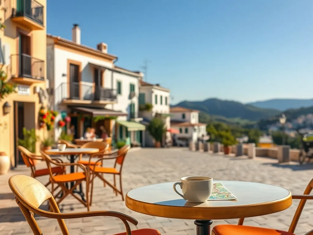 Urokliwa uliczka w Seres z kafejką, filiżanką kawy i mapą na stoliku, zachęcająca do odkrywania miasta.