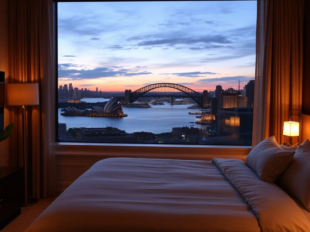 Przytulny pokój hotelowy z widokiem na panoramę Sydney i most Harbour Bridge o zachodzie słońca, idealny na nocleg w mieście