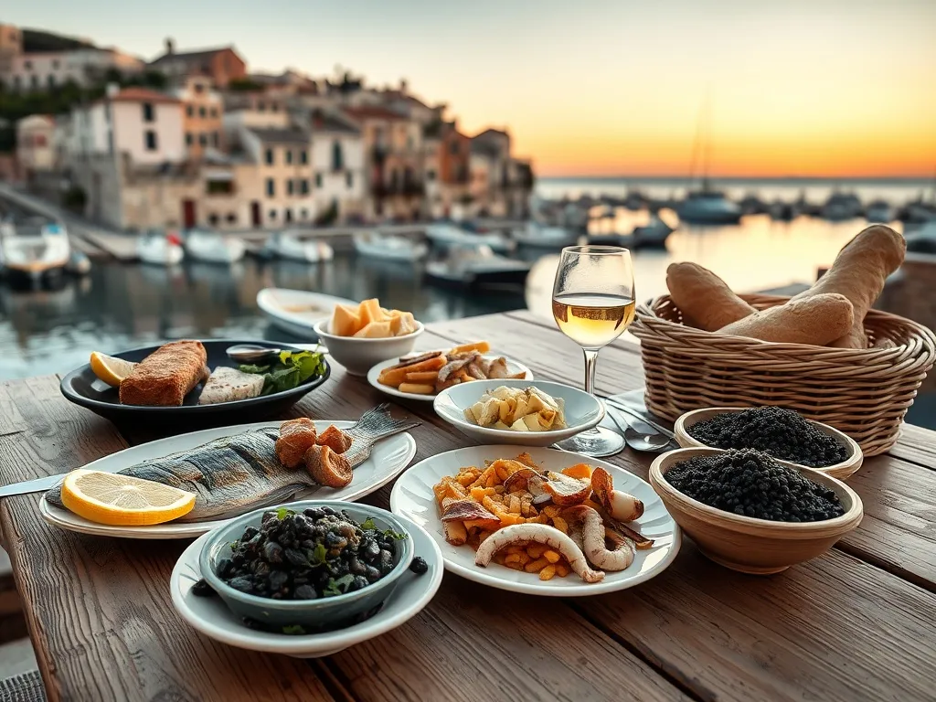 Tradycyjny dalmatyński stół w Trogirze: grillowana ryba, czarne risotto, owoce morza, pršut, ser i wino nadmorskie.