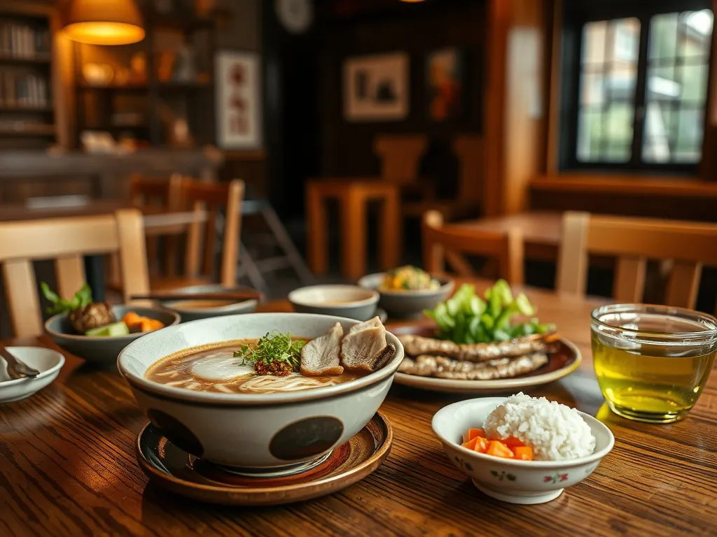 Tradycyjne dania kuchni Kagoshimy na drewnianym stole w przytulnej, lokalnej japońskiej restauracji.