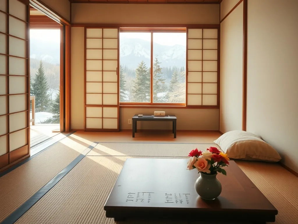 Przytulny pokój w ryokanie w Nagano z tatami i widokiem na ośnieżone góry, idealne miejsce na nocleg w Japonii