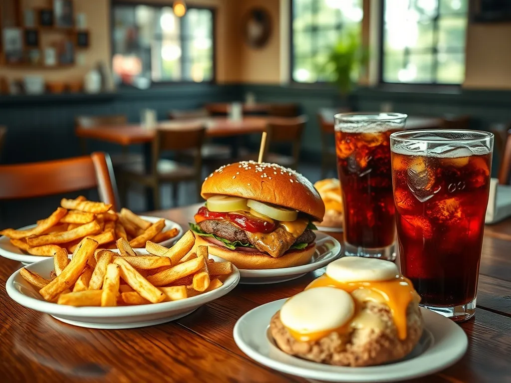 Klasyczne dania Salt Lake City: fry sauce z frytkami, burger, puszysty scone z miodowym masłem i napój w przytulnej restauracji.