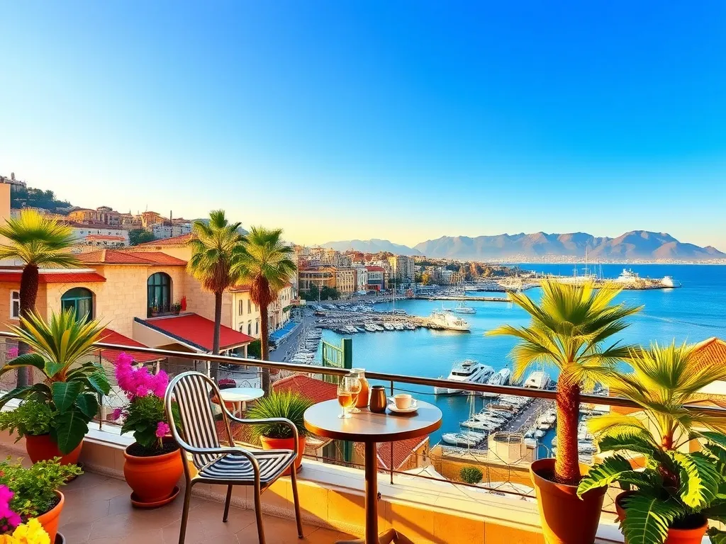 Przytulna kawiarnia w Antalyi z tradycyjną turecką herbatą, widok na stare miasto, marinę i góry Taurus o zachodzie słońca.