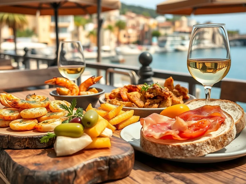 Tapas z owocami morza, patatas bravas i jamón na drewnianym stole, kieliszek białego wina, w tle słoneczna Tarragona