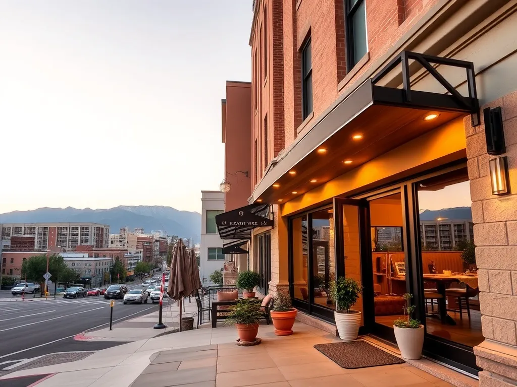 Przytulne wejście do butikowego hotelu w Salt Lake City o złotej godzinie, z widokiem na centrum i góry w tle