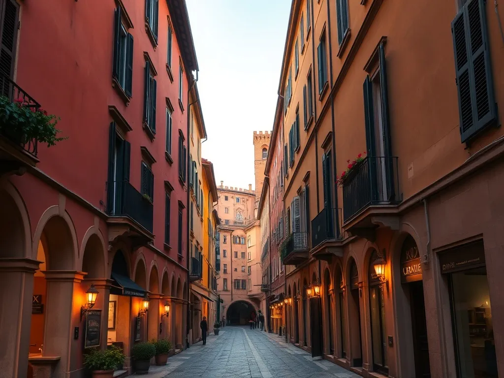 Urokliwa uliczka Bolonii o zachodzie słońca, przytulne kamienice z arkadami i wejściami sugerującymi hotele i pensjonaty
