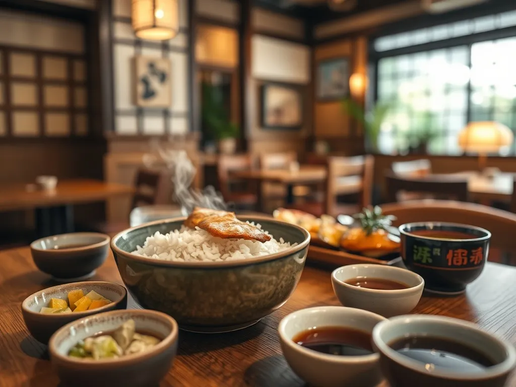 Tradycyjny posiłek z Niigaty: miska ryżu, grillowana ryba, kiszonki, zupa miso i sake w przytulnej japońskiej restauracji.