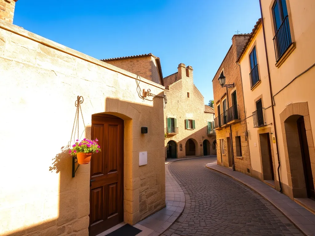 Kameralny kamienny pensjonat przy wąskiej brukowanej uliczce w Cáceres, w ciepłym świetle zachodu słońca.