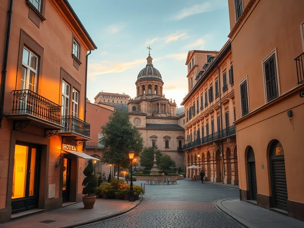 Urokliwy mały hotel przy brukowanej uliczce Salamanki o złotej godzinie, w tle historyczne budynki i kopuła katedry
