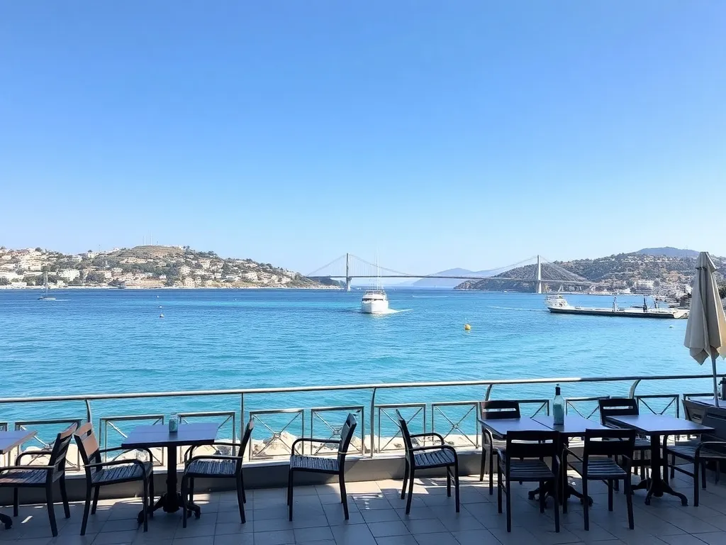 Słoneczna promenada w Chalkidzie z kafejką nad Morzem Eubejskim, widok na cieśninę Euripos, most i białe domy na wzgórzach