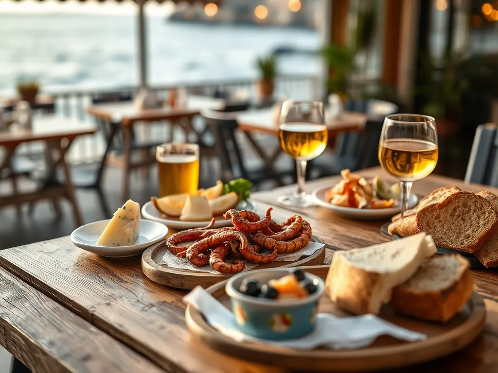 Talerze z asturyjskimi tapas: grillowana ośmiornica, owoce morza, sery, chleb i kieliszek cydru w nadmorskiej restauracji.