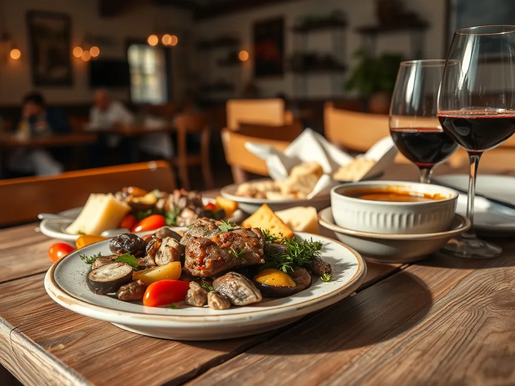 Tradycyjne dania kuchni chorwackiej w przytulnej restauracji w Zagrzebiu: grillowane mięsa, gulasz, sery i wino.